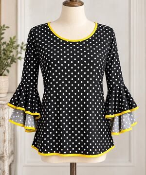 Coco Bianco Womens Medium Black White Polka Dot Bell Sleeve Top Yellow Trim